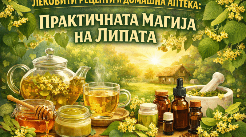 Илустрација со цветови од липа, чај од липа, мед и домашни билни препарати на дрвена маса, со наслов „Лековити рецепти и домашна аптека: Практичната магија на липата“ – природни рецепти и традиционална употреба на липата за здравје.