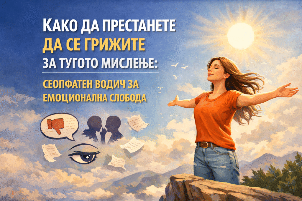 Жена стои на карпа со раширени раце под сонце, симболизирајќи емоционална слобода и самодоверба, со наслов „Како да престанете да се грижите за туѓото мислење: Сеопфатен водич за емоционална слобода“, додека околу неа се прикажани симболи на негативни мислења што исчезнуваат.