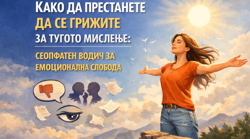 Жена стои на карпа со раширени раце под сонце, симболизирајќи емоционална слобода и самодоверба, со наслов „Како да престанете да се грижите за туѓото мислење: Сеопфатен водич за емоционална слобода“, додека околу неа се прикажани симболи на негативни мислења што исчезнуваат.