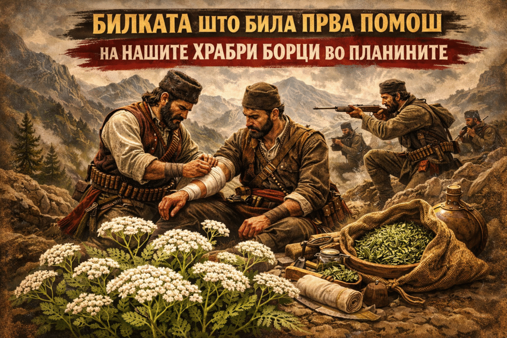 Illustration depicting a historical scene of men in traditional attire providing first aid in mountainous terrain, with plants visible in the foreground.