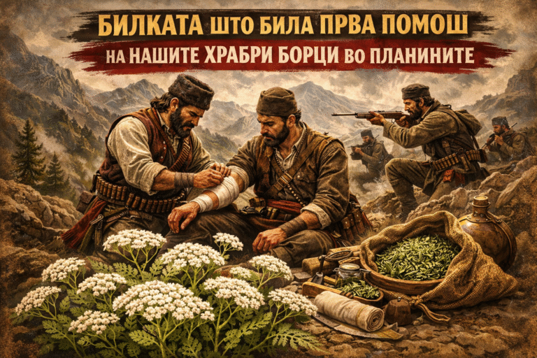 Illustration depicting a historical scene of men in traditional attire providing first aid in mountainous terrain, with plants visible in the foreground.