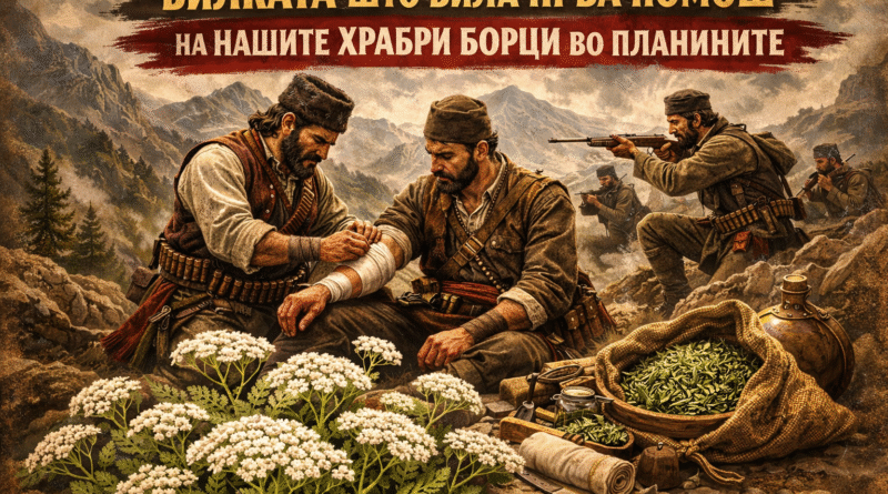 Illustration depicting a historical scene of men in traditional attire providing first aid in mountainous terrain, with plants visible in the foreground.