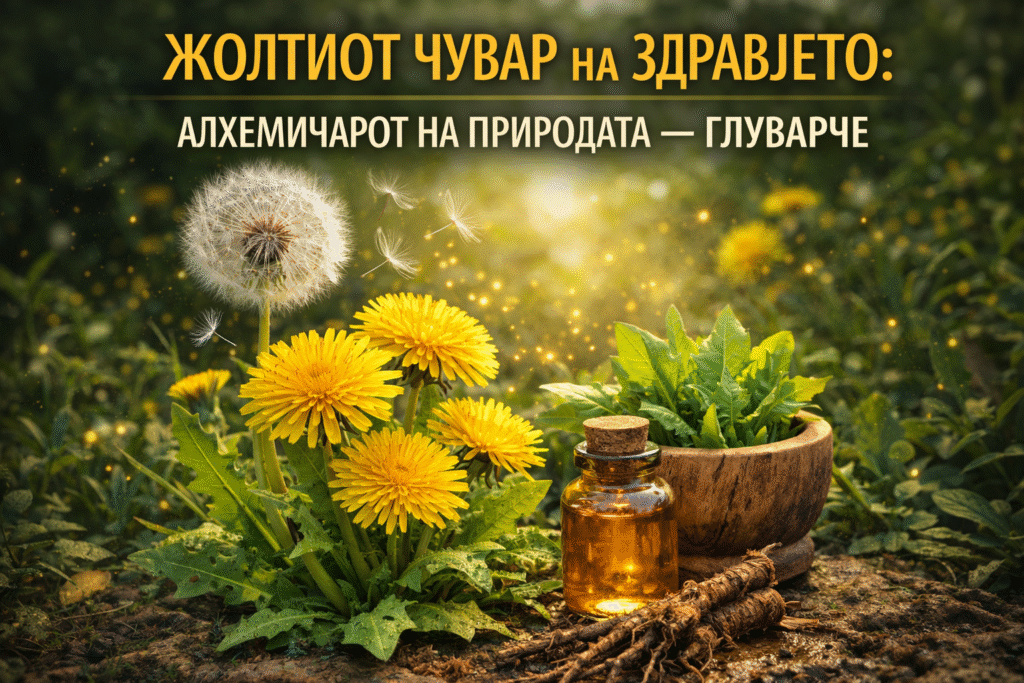 Ултра реалистична слика од глуварче со жолти цветови и семки што летаат, поставено во природна зелена средина со стаклено шишенце и дрвен сад со билки, симболизирајќи ја лековитата моќ и природната „алхемија“ на глуварчето.