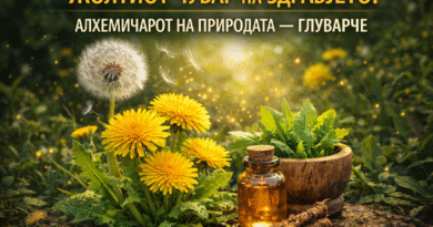 Ултра реалистична слика од глуварче со жолти цветови и семки што летаат, поставено во природна зелена средина со стаклено шишенце и дрвен сад со билки, симболизирајќи ја лековитата моќ и природната „алхемија“ на глуварчето.