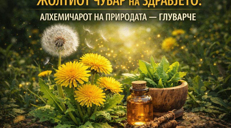 Ултра реалистична слика од глуварче со жолти цветови и семки што летаат, поставено во природна зелена средина со стаклено шишенце и дрвен сад со билки, симболизирајќи ја лековитата моќ и природната „алхемија“ на глуварчето.