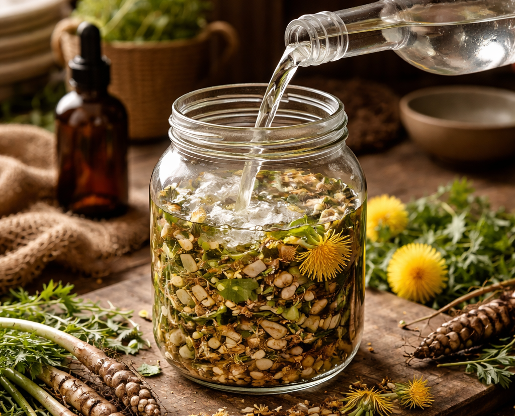 Стаклена тегла наполнета со исецкани корени и листови од глуварче, прелиени со ракија, поставена на дрвена маса со свежи билки и жолти цветови во природно осветлена рустикална средина.