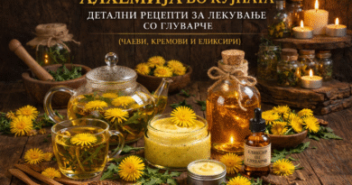 Ултрареалистична сцена со глуварче во рустична кујна, прикажани чај од глуварче во стаклен чајник, природни кремови во тегли и златен еликсир во шишиња, опкружени со свежи жолти цветови и корени, осветлени со топла свеќена светлина.