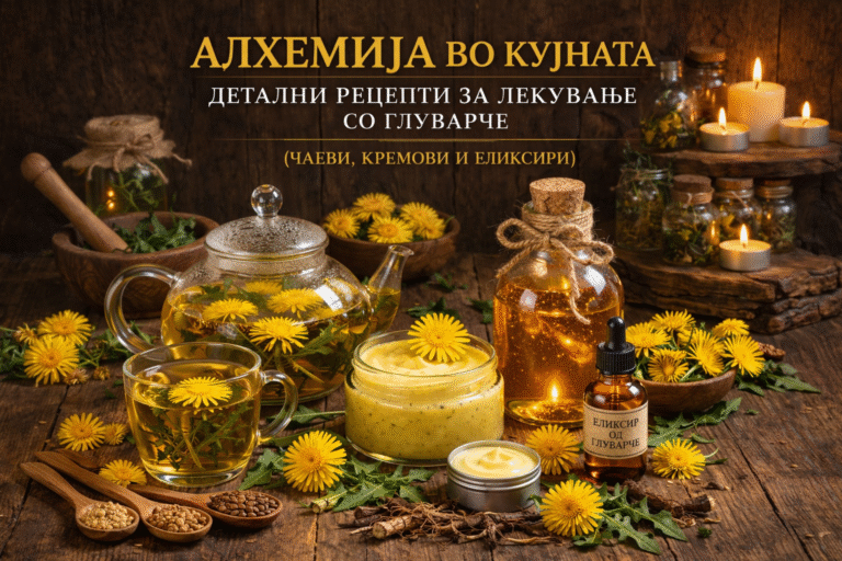 Ултрареалистична сцена со глуварче во рустична кујна, прикажани чај од глуварче во стаклен чајник, природни кремови во тегли и златен еликсир во шишиња, опкружени со свежи жолти цветови и корени, осветлени со топла свеќена светлина.