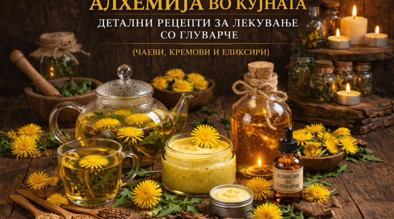 Ултрареалистична сцена со глуварче во рустична кујна, прикажани чај од глуварче во стаклен чајник, природни кремови во тегли и златен еликсир во шишиња, опкружени со свежи жолти цветови и корени, осветлени со топла свеќена светлина.