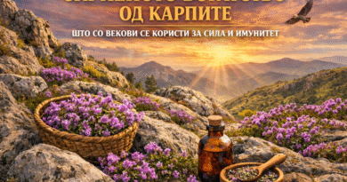 Scenic view of mountains with blooming flowers, a glass bottle, and herbal ingredients on a rocky surface, illuminated by a sunset.