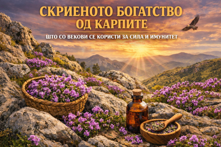 Scenic view of mountains with blooming flowers, a glass bottle, and herbal ingredients on a rocky surface, illuminated by a sunset.