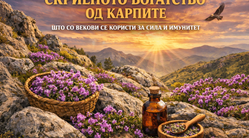 Scenic view of mountains with blooming flowers, a glass bottle, and herbal ingredients on a rocky surface, illuminated by a sunset.