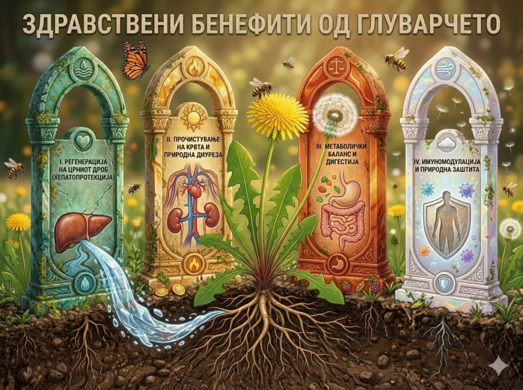 Ултра реалистична, текстурирана фото-илустрација на античко шумско светилиште посветено на здравствените придобивки од глуварчето (Taraxacum officinale). На врвот, насловот во камен натпис гласи: „ЗДРАВСТВЕНИ БЕНЕФИТИ ОД ГЛУВАРЧЕТО“. Централно е прикажано бујно глуварче со целосниот вретеновиден корен видлив во плодна почва, обраснато со мов и лишаи. Околу растението се издигаат четири древни, камени арки (столбови на виталноста) со текстурирани натписи на македонски јазик (H2). Од лево на десно: I. РЕГЕНЕРАЦИЈА НА ЦРНИОТ ДРОБ (ХЕПАТОПРОТЕКЦИЈА): Зелен камен столб каде што е прикажан реален пресек на црн дроб нежно измиен од проток на чиста, изворска вода, со симбол на река. II. ПРОЧИСТУВАЊЕ НА КРВТА И ПРИРОДНА ДИУРЕЗА: Златен столб каде што е прикажан фотореалистичен приказ на срце и разгранет васкуларен систем со протоци на бистра вода до бубрезите, со симбол на сонце. III. МЕТАБОЛИЧКИ БАЛАНС И ДИГЕСТИЈА: Столб од корнеол со симбол на вага, каде што е илустриран хармоничен, балансиран дигестивен систем со симболи на храна и ензими. IV. ИМУНОМОДУЛАЦИЈА И ПРИРОДНА ЗАШТИТА: Светлечки бел столб од опал каде што е прикажана реална човечка силуета која држи заштитен штит, опкружен со имунолошки клетки и памучни семиња на глуварчето, со симбол на облак. Сликата е во топол, сончев медов амбиент со многу заматени зелени ливади и