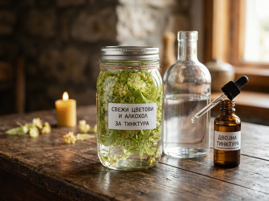 „Рустичен приказ на подготовка на домашна тинктура од липа: стаклена тегла полна со свежи цветови од липа и алкохол, шише со чист алкохол и мало темно шишенце со капалка на дрвена маса.“