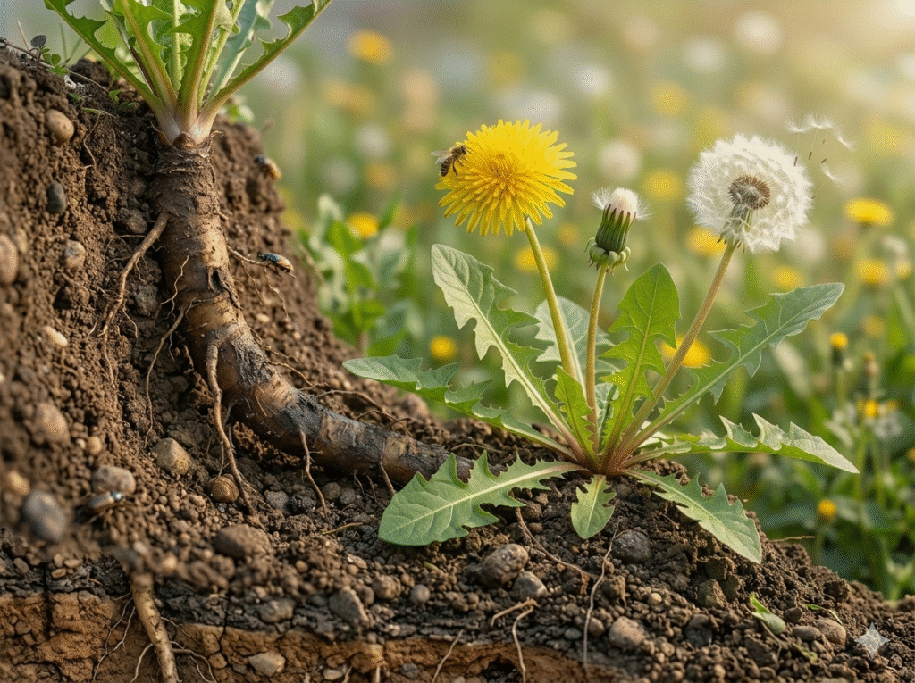 Ултра реалистична ботаничка илустрација на глуварче (Taraxacum officinale) во природа, која ја прикажува анатомијата на издржливоста. Сликата е пресек на почвата каде што детално се гледа долгиот, силен вретеновиден корен. Над земјата се гледа розетата со карактеристичните назабени листови (лавји заби), жолтиот цвет во полн ек и сферата од памучни семиња подготвена за дисперзија на ветрот. Природна пролетна позадина со заматени зелени ливади.