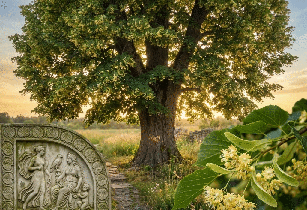 Големо дрво липа на зајдисонце со антички камен релјеф кој ги прикажува грчките и нордиските митови за липата.