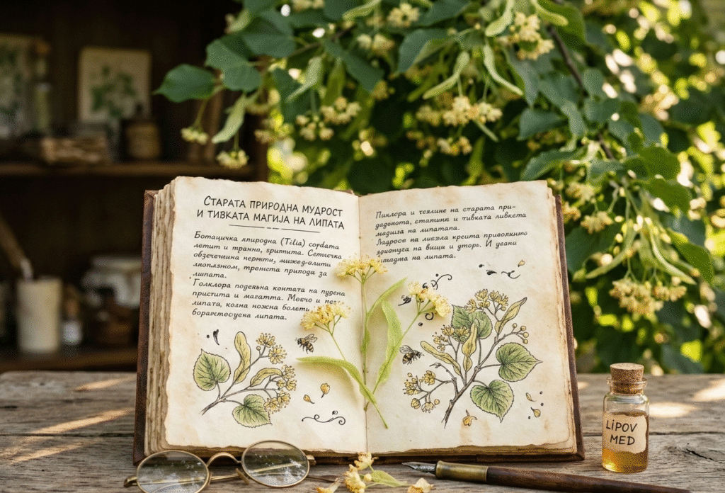 Ботанички илустрации на липа во стар отворен дневник со антички очила и мед на дрвена маса под крошна.