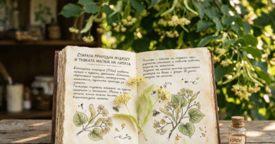 Ботанички илустрации на липа во стар отворен дневник со антички очила и мед на дрвена маса под крошна.