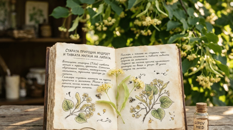 Ботанички илустрации на липа во стар отворен дневник со антички очила и мед на дрвена маса под крошна.