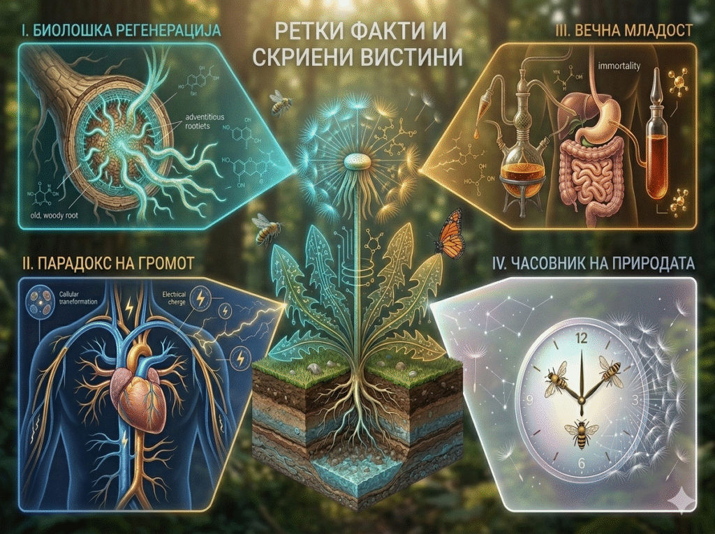 Современа, високотехнолошка научна илустрација која ги прикажува ретките факти и скриените вистини за глуварчето (Taraxacum officinale). Сликата е структурирана околу био-дигитален дисплеј на централното растение, од кое се емитуваат четири софистицирани, светлечки податочни проекции во македонски Cyrillic:

Наслов (Врв): „РЕТКИ ФАКТИ И СКРИЕНИ ВИСТИНИ“ во современ дигитален фонт.

Проекција I (Горе Лево - Сина): „I. БИОЛОШКА РЕГЕНЕРАЦИЈА“. Магнифициран, микро-биолошки дијаграм на пресек на коренот, кој со светлечки сини линии ја покажува внатрешната регенерација со ознаки за молекуларни структури и анотации.

Проекција II (Долу Лево - Златна): „II. ПАРАДОКС НА ГРОМОТ“. Детален дијаграм на срцето и крвниот систем (артерии и вени), интегриран со современи, сложени електрични набои и гром симболи, илустрирајќи го ефектот на трансформација.

Проекција III (Горе Десно - Амбер): „III. ВЕЧНА МЛАДОСТ“. Хармонизиран дијаграм на дигестивниот систем, каде што се интегрирани алхемиски реторти, древна ампула со амбер течност (еликсир) и означени „молекуларни кластери за бесмртност“.

Проекција IV (Долу Десно - Бела): „IV. ЧАСОВНИК НА ПРИРОДАТА“. Комплексен дијаграм кој комбинира софистициран механички часовник (со стрелки пчели на 6:00 часот) и соѕвездија вткаени во swirling pappus семена дисперзија.

Целата композиција е во научно-фантастичен, современ дигитален стил со ефект на светлина, задржувајќи ги пчелите и пеперутката од претходната студија.