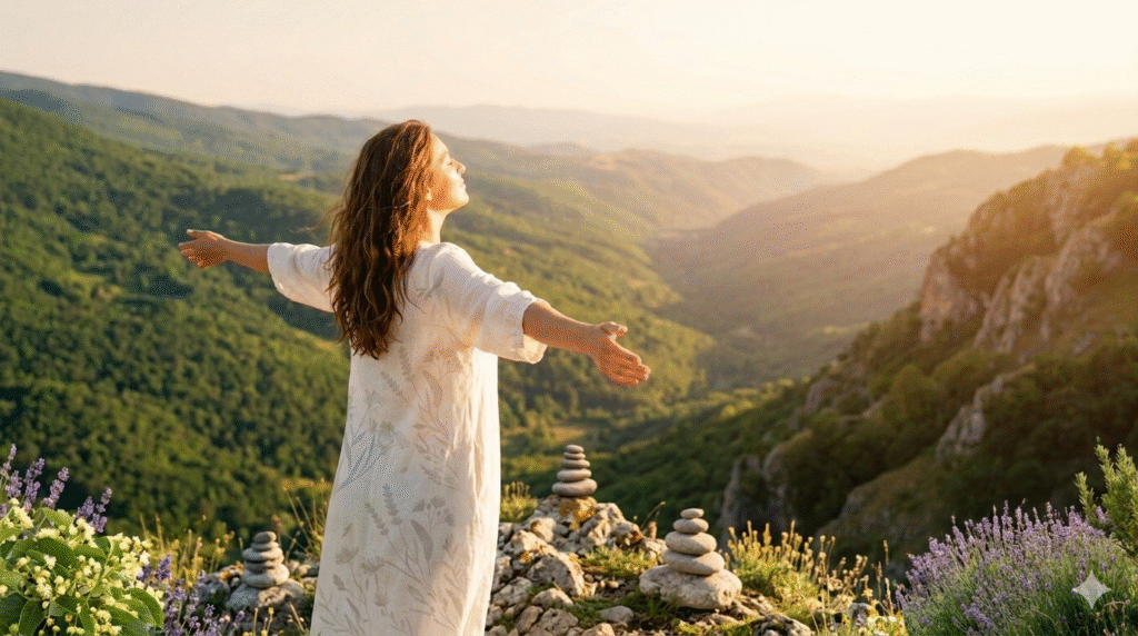 "Жена во ленен фустан стои со раширени раце на планински врв во Македонија за време на зајдисонце, симболизирајќи ослободување од грижата за туѓото мислење и пронаоѓање внатрешен мир преку холистички пристап."