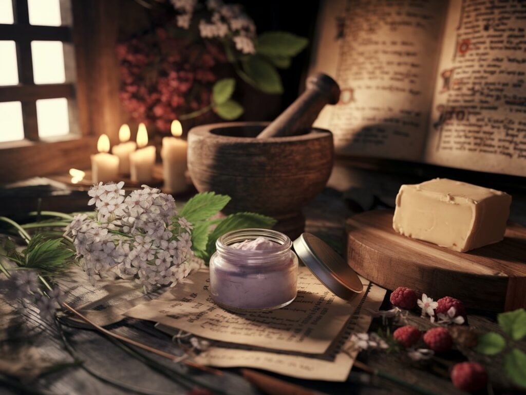 Glass jar of lavender cream placed on aged parchment paper with flowers, a wooden mortar, and a block of butter nearby.