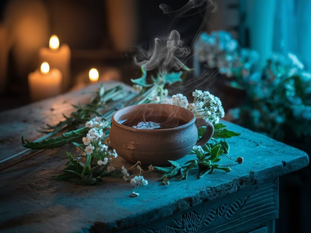 Clay cup with steaming herbal tea surrounded by fresh herbs and flowers on a rustic wooden surface.