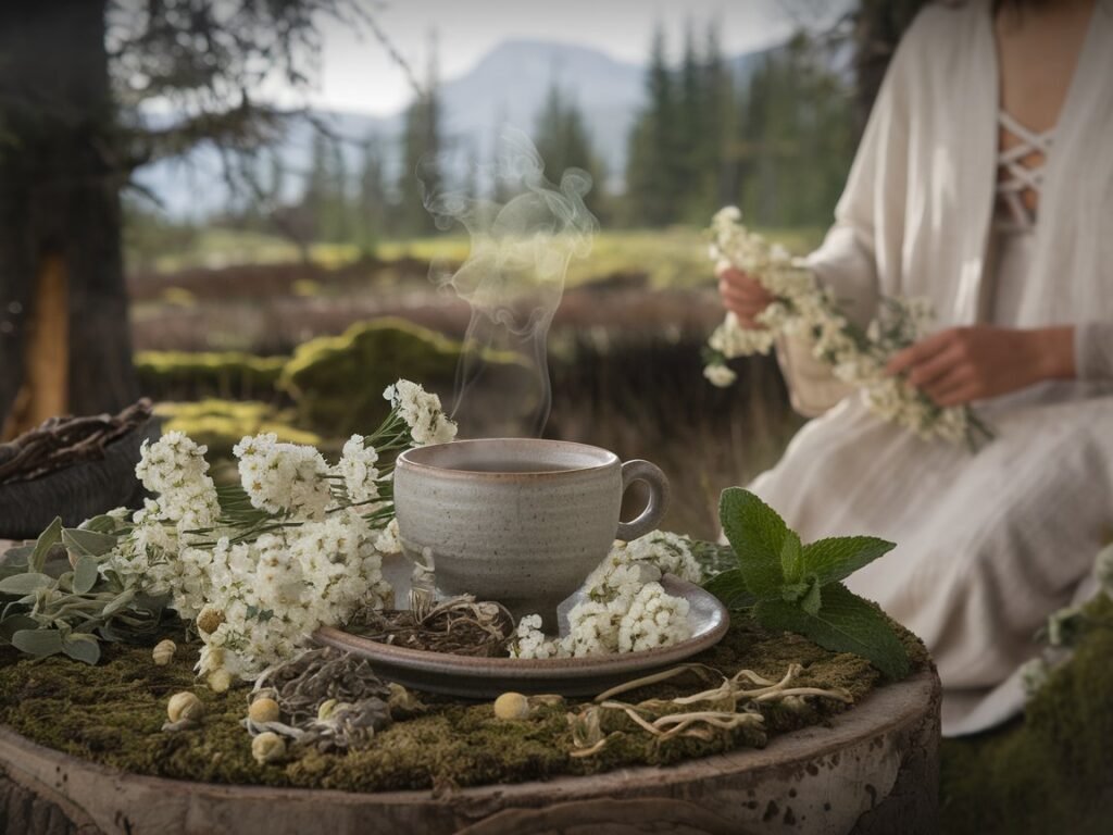 Ceramic cup with steaming herbal tea placed on a wooden surface surrounded by fresh herbs and flowers.