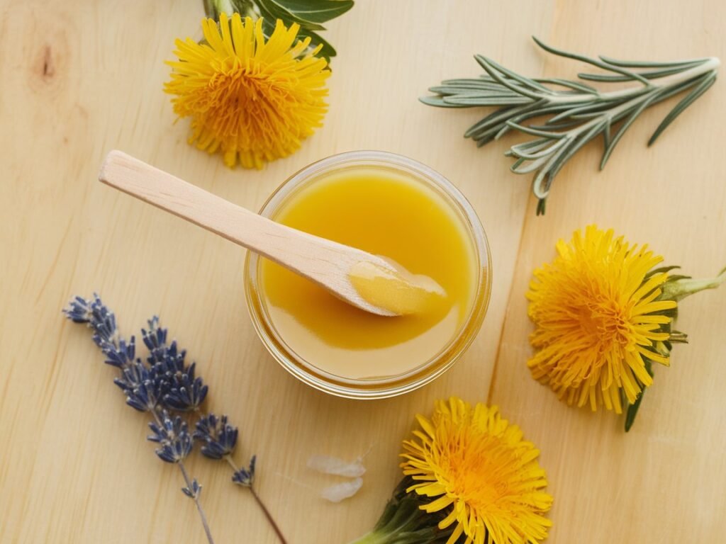Glass jar of golden salve with a wooden spatula, surrounded by bright yellow dandelion flowers and lavender sprigs, highlighting natural herbal ingredients.