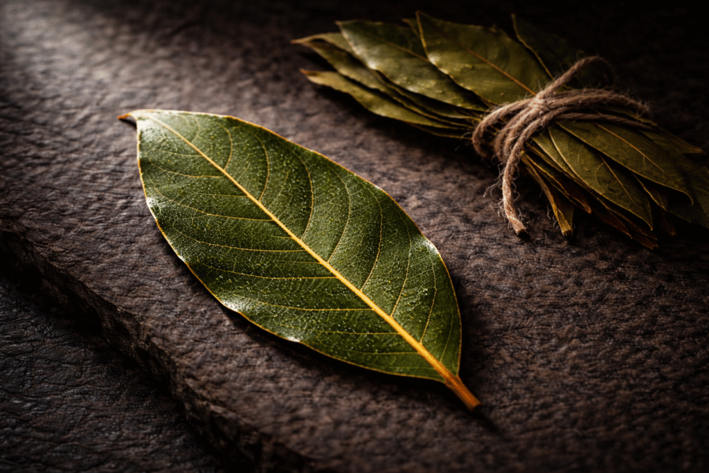 ловоров лист на темна подлога до него мало купче на ловорови листови врзано со коноп