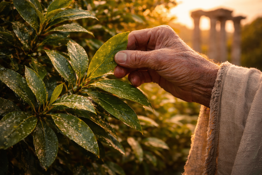 Рака на стар исцелител бере свеж ловоров лист со капки роса, осветлен од топла зајдисончева светлина, со заматени антички столбови во позадина.