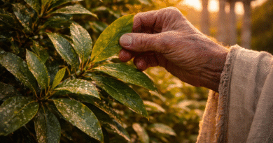 Рака на стар исцелител бере свеж ловоров лист со капки роса, осветлен од топла зајдисончева светлина, со заматени антички столбови во позадина.