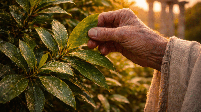 Рака на стар исцелител бере свеж ловоров лист со капки роса, осветлен од топла зајдисончева светлина, со заматени антички столбови во позадина.