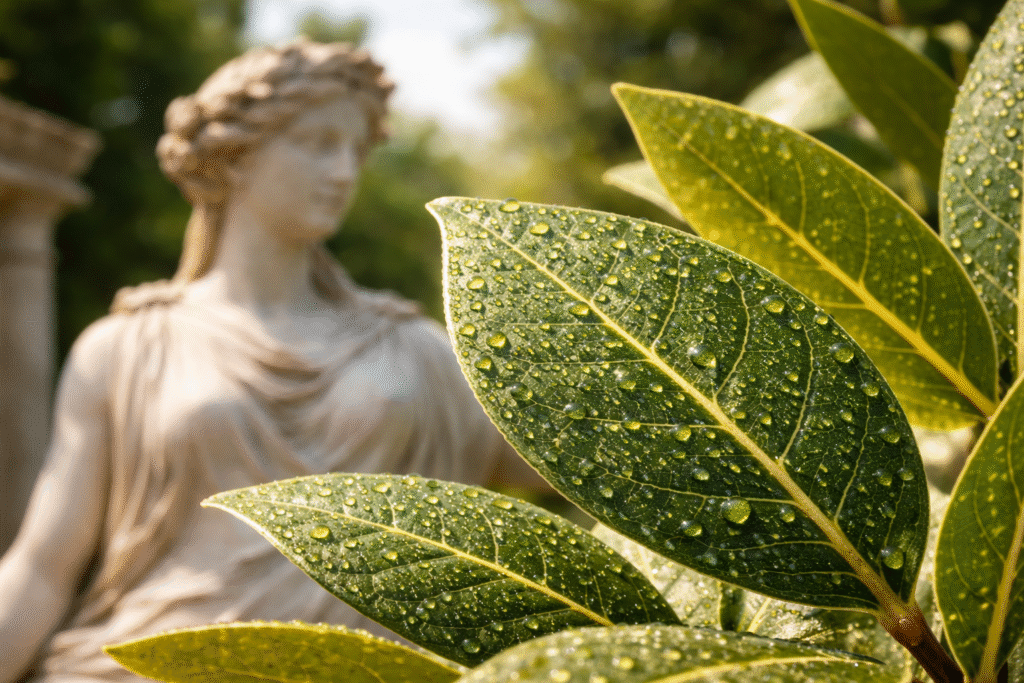Ултра-реалистичен макро кадар од свеж лист од ловор осветлен од сонце, со јасно видливи ситни жлезди и капки етерично масло, додека во заматена позадина се гледа античка мермерна статуа што ја симболизира врската меѓу историјата и природната мудрост.