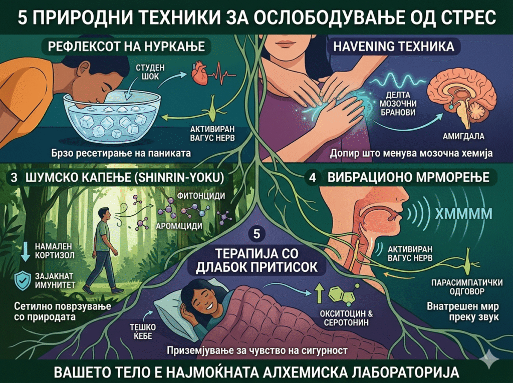 Детален инфографик со биолошки илустрации во алхемиски стил, кој прикажува пет природни техники за справување со стрес. Сликата ги содржи следниве делови со македонски наслови и објаснувања: 1) „Рефлексот на нуркање“ (илустрација на маж со лице во сад со ледена вода, кој го забавува срцевиот ритам); 2) „Havening техника“ (раце кои нежно ги масираат образите, стимулирајќи делта бранови во мозокот и смирувајќи ја амигдалата); 3) „Шумско капење (Shinrin-Yoku)“ (илустрација на маж кој оди низ шума, вдишувајќи фитонциди за намалување на кортизолот и зајакнување на имунитетот); 4) „Вибрационо мрморење“ (пресек на глава кој покажува гласни жици кои испуштаат звук „ХММММ“ и го активираат вагус нервот); и 5) „Терапија со длабок притисок“ (жена која спие мирно под тешко ќебе, со молекуларни дијаграми за окситоцин и серотонин). Сите делови се поврзани со зелен коренов систем кој се собира во централна „алхемиска лабораторија“ на смиреноста. Инфографикот има наслов „5 ПРИРОДНИ ТЕХНИКИ ЗА ОСЛОБОДУВАЊЕ ОД СТРЕС“ на врвот.
