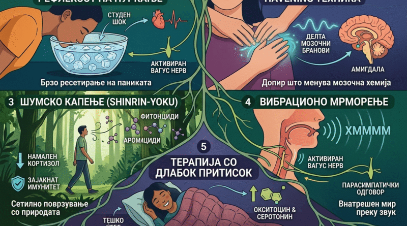 Детален инфографик со биолошки илустрации во алхемиски стил, кој прикажува пет природни техники за справување со стрес. Сликата ги содржи следниве делови со македонски наслови и објаснувања: 1) „Рефлексот на нуркање“ (илустрација на маж со лице во сад со ледена вода, кој го забавува срцевиот ритам); 2) „Havening техника“ (раце кои нежно ги масираат образите, стимулирајќи делта бранови во мозокот и смирувајќи ја амигдалата); 3) „Шумско капење (Shinrin-Yoku)“ (илустрација на маж кој оди низ шума, вдишувајќи фитонциди за намалување на кортизолот и зајакнување на имунитетот); 4) „Вибрационо мрморење“ (пресек на глава кој покажува гласни жици кои испуштаат звук „ХММММ“ и го активираат вагус нервот); и 5) „Терапија со длабок притисок“ (жена која спие мирно под тешко ќебе, со молекуларни дијаграми за окситоцин и серотонин). Сите делови се поврзани со зелен коренов систем кој се собира во централна „алхемиска лабораторија“ на смиреноста. Инфографикот има наслов „5 ПРИРОДНИ ТЕХНИКИ ЗА ОСЛОБОДУВАЊЕ ОД СТРЕС“ на врвот.