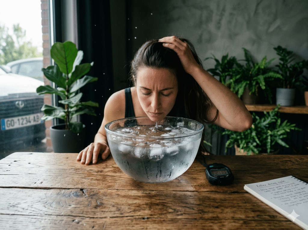 Доловувачка реалистична фотографија во формат 4:3 која покажува жена со темна коса, целосно фокусирана и со затворени очи, чие лице е позиционирано точно над голема стаклена чинија полна со ледена вода и коцки мраз. Таа седи на рустична дрвена маса и ја држи десната рака на главата, во последната фаза на концентрација пред потопување на лицето за да го активира рефлексот на нуркање кај цицачите. На масата, до чинијата, се наоѓа црн дигитален хронометар со времето „00:03“ и отворен тефтер со спирален повез на кој се гледаат рачно напишани белешки. Позадината е добро осветлена, со голем прозорец лево низ кој се гледа бел автомобил и зелени растенија во саксии (како филадендрон и папрат), што создава атмосфера на природна велнес сесија. Сликата е реалистична и ја пренесува ладноста и интензитетот на моментот.