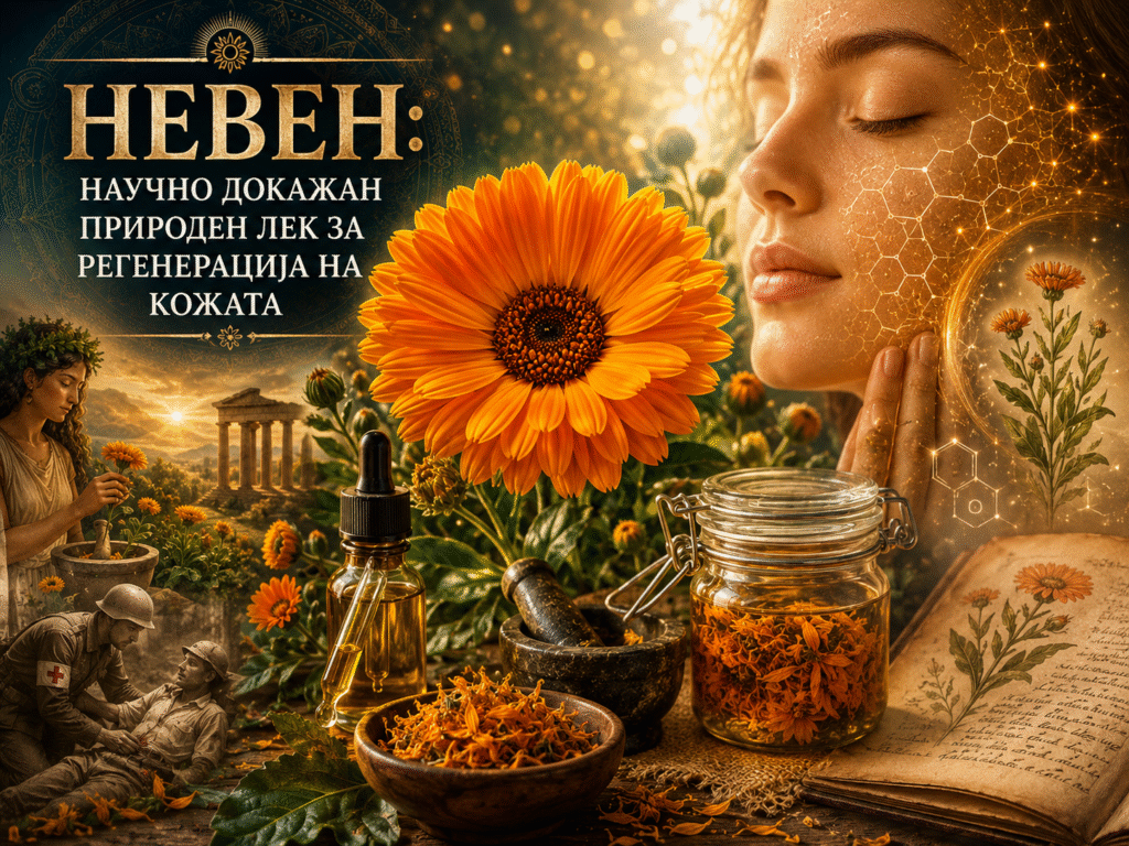Мистична и реалистична насловна слика во 4:3 формат посветена на невенот (Calendula officinalis). Во центарот доминира голем, светло портокалов цвет од невен, опкружен со тегличка со суви цветови, стаклено шишенце со билен екстракт и аван со толчник. На десната страна е прикажан женски профил со здрава и блескава кожа, над која се протегаат суптилни научни илустрации што симболизираат регенерација и обновување на кожата. Во позадината се испреплетуваат елементи од античката медицина, билкарството и природната козметика, осветлени со топли златни тонови што создаваат таинствена и елегантна атмосфера. На сликата е истакнат насловот: „НЕВЕН: НАУЧНО ДОКАЖАН ПРИРОДЕН ЛЕК ЗА РЕГЕНЕРАЦИЈА НА КОЖАТА“.