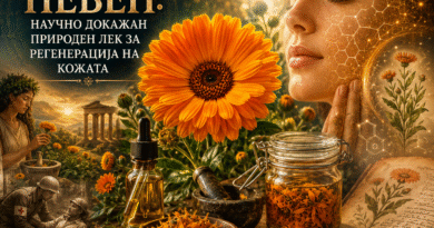 Мистична и реалистична насловна слика во 4:3 формат посветена на невенот (Calendula officinalis). Во центарот доминира голем, светло портокалов цвет од невен, опкружен со тегличка со суви цветови, стаклено шишенце со билен екстракт и аван со толчник. На десната страна е прикажан женски профил со здрава и блескава кожа, над која се протегаат суптилни научни илустрации што симболизираат регенерација и обновување на кожата. Во позадината се испреплетуваат елементи од античката медицина, билкарството и природната козметика, осветлени со топли златни тонови што создаваат таинствена и елегантна атмосфера. На сликата е истакнат насловот: „НЕВЕН: НАУЧНО ДОКАЖАН ПРИРОДЕН ЛЕК ЗА РЕГЕНЕРАЦИЈА НА КОЖАТА“.