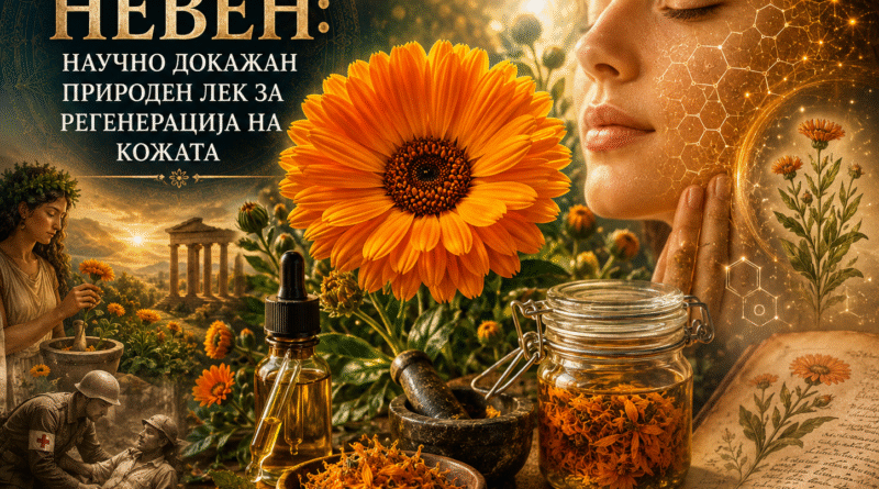 Мистична и реалистична насловна слика во 4:3 формат посветена на невенот (Calendula officinalis). Во центарот доминира голем, светло портокалов цвет од невен, опкружен со тегличка со суви цветови, стаклено шишенце со билен екстракт и аван со толчник. На десната страна е прикажан женски профил со здрава и блескава кожа, над која се протегаат суптилни научни илустрации што симболизираат регенерација и обновување на кожата. Во позадината се испреплетуваат елементи од античката медицина, билкарството и природната козметика, осветлени со топли златни тонови што создаваат таинствена и елегантна атмосфера. На сликата е истакнат насловот: „НЕВЕН: НАУЧНО ДОКАЖАН ПРИРОДЕН ЛЕК ЗА РЕГЕНЕРАЦИЈА НА КОЖАТА“.