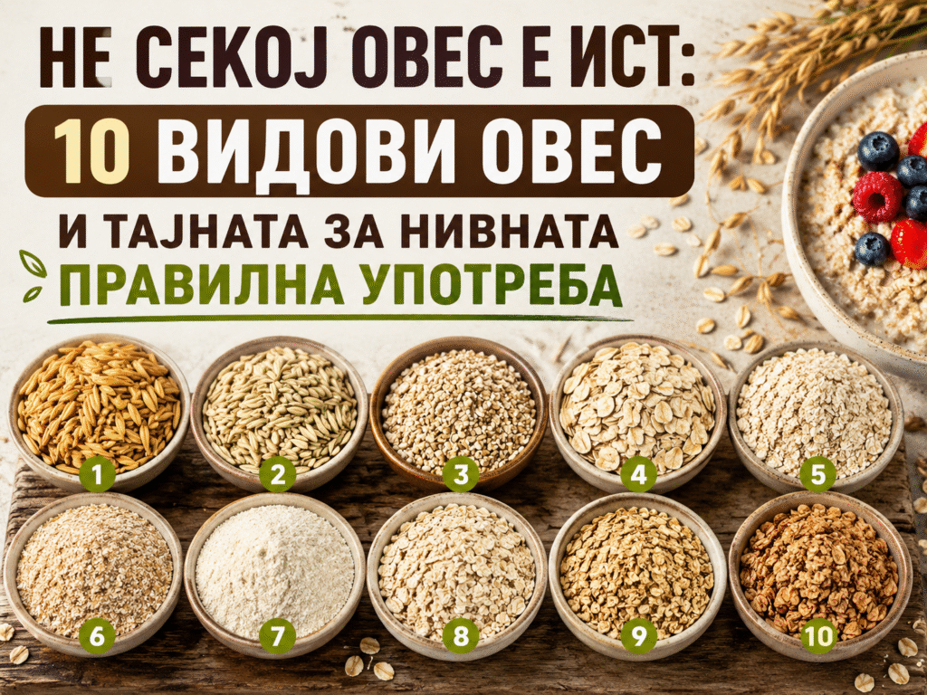 Информативна насловна слика во 4:3 формат што прикажува 10 различни видови овес распоредени во дрвени и керамички садови на рустична дрвена подлога. Во горниот дел се наоѓа голем наслов на македонски јазик: „Не секој овес е ист: 10 видови овес и тајната за нивната правилна употреба“. Десно е прикажан сад со овесна каша украсена со свежи јагоди, малини и боровинки, додека во позадина се гледаат класови од овес. Сликата има топли природни тонови и е наменета како насловна визуелизација за едукативен текст за различните видови овес и нивната употреба во исхраната.