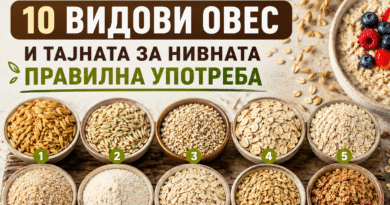 Информативна насловна слика во 4:3 формат што прикажува 10 различни видови овес распоредени во дрвени и керамички садови на рустична дрвена подлога. Во горниот дел се наоѓа голем наслов на македонски јазик: „Не секој овес е ист: 10 видови овес и тајната за нивната правилна употреба“. Десно е прикажан сад со овесна каша украсена со свежи јагоди, малини и боровинки, додека во позадина се гледаат класови од овес. Сликата има топли природни тонови и е наменета како насловна визуелизација за едукативен текст за различните видови овес и нивната употреба во исхраната.