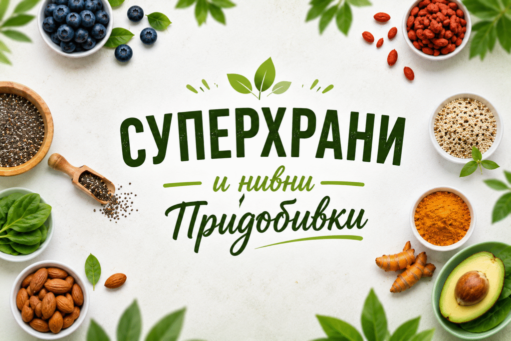Декоративна слика на тема суперхрани во светол и модерен дизајн. Во центарот се наоѓа насловот „Суперхрани и Нивни Придобивки“, опкружен со разновидни здрави намирници како боровинки, гоџи бери, чиа семки, киноа, спанаќ, бадеми, куркума и авокадо. Сликата има природни зелени акценти и симболизира здрава исхрана, природна енергија и благосостојба.
