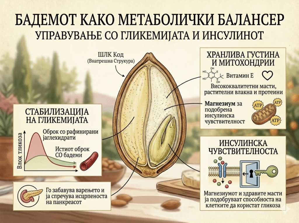 Едукативна инфографика во ботанички и научен стил која го објаснува влијанието на бадемот врз метаболизмот. Во центарот е прикажан детален пресек на бадем. Лево има графикон за стабилизација на гликемијата, кој ја споредува високата гликемиска крива по оброк со рафинирани јаглехидрати наспроти ублажената, стабилна крива кога истиот оброк е комбиниран со бадеми. Десно се издвоени секции за хранливата густина (висококвалитетни масти, растителни влакна, Витамин Е и магнезиум кои ги поддржуваат митохондриите и ATP енергијата) и за инсулинската чувствителност, каде со графички симбол на клуч и врата се објаснува како магнезиумот им помага на клетките полесно да ја користат гликозата.