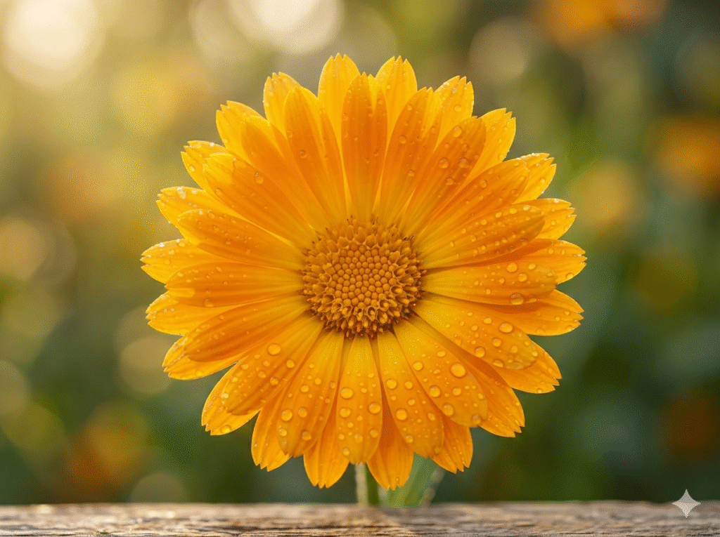 Супер-макро фотографија на еден жив цвет од невен (Calendula officinalis) во полн цвет. Портокаловите ливчиња се насликани со кристална јасност, а на нив се гледаат ситни капки утринска роса кои ја прекршуваат светлината. Позадината е екстремно заматена (мек bokeh), оставајќи само сугестија на зелени лисја во природна градина. Фокусот е остар на централниот дел од цветот, нагласувајќи ја неговата регенеративна виталност.
