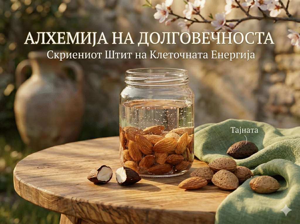 Рустикална и топла амбиентална фотографија со наслов „АЛХЕМИЈА НА ДОЛГОВЕЧНОСТА“ и поднаслов „Скриениот Штит на Клеточната Енергија“. Во центарот на дрвена маса е поставена стаклена тегла полна со бадеми потопени во чиста вода со воздушни меурчиња. Околу теглата има расфрлани цели бадеми, еден скршен бадем кој ја открива белата срцевина и неколку бадеми во лушпа врз зелено платно. Еден темен бадем во лушпа е означен со дискретен текст „Тајната“. Во позадина, во замаглен медитерански амбиент, се гледаат гранки од расцутен бадем и стара глинена амфора.