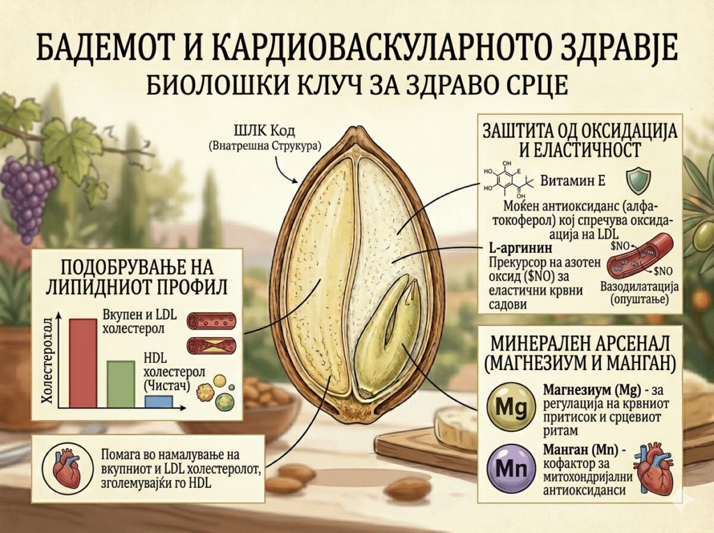 Медицинска инфографика во ботанички стил која го објаснува влијанието на бадемот врз здравјето на срцето. Во центарот е прикажан пресек на бадем со означен внатрешен „ШЛК код“. Лево има графикон за подобрување на липидниот профил, кој покажува намалување на вкупниот и лошиот LDL холестерол и зголемување на добриот HDL холестерол. Десно се издвоени секции за заштита од оксидација и еластичност со молекуларна структура на Витамин Е и приказ на крвен сад со азотен оксид за вазодилатација. Најдолу е претставен минералниот арсенал со магнезиум и манган, кои го регулираат крвниот притисок и срцевиот ритам.