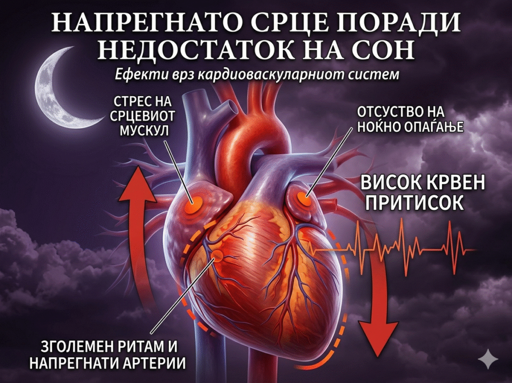 Медицинска илустрација на човечко срце под притисок, во формат 4:3. Главниот наслов на македонски е: „НАПРЕГНАТО СРЦЕ ПОРАДИ НЕДОСТАТОК НА СОН“. Помалиот наслов под него гласи: „Ефекти врз кардиоваскуларниот систем“. Неколку ознаки на македонски го олеснуваат разбирањето на сликата: горе лево пишува „СТРЕС НА СРЦЕВИОТ МУСКУЛ“; доле лево пишува „ЗГОЛЕМЕН РИТАМ И НАПРЕГНАТИ АРТЕРИИ“ со црвена стрелка што покажува нагоре; горе десно пишува „ОТСУСТВО НА НОЌНО ОПАЃАЊЕ“; во средината десно пишува „ВИСОК КРВЕН ПРИТИСОК“; доле десно со црвена стрелка што покажува надолу; се наоѓаат и црвен аорта, вени и срцеви нерви со ефекти на воспаление. Позадината е темновиолетова и сина со мрежа од нервни клетки.