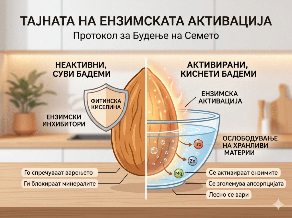 Инфографика која ги споредува неактивираните и активираните бадеми. На левата страна е прикажан неактивиран, сув бадем со штит кој симболизира фитинска киселина и ензимски инхибитори кои го блокираат варењето и апсорпцијата на минерали. Десната страна прикажува активиран бадем во вода, со што се активираат ензимите, се ослободуваат хранливи материи и се подобрува дигестијата.