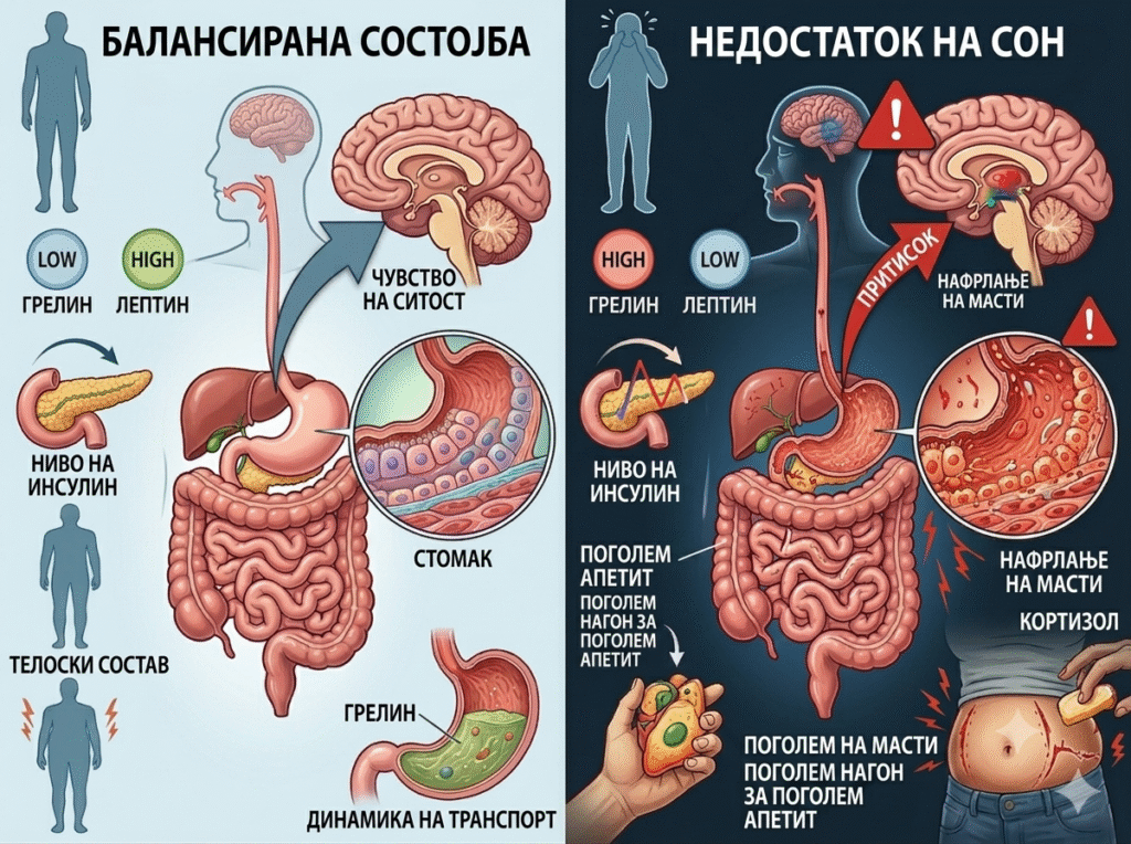 Споредбена медицинска инфографика во формат 4:3 поделена на два дела: лево е прикажана „БАЛАНСИРАНА СОСТОЈБА“ со светло сина позадина, ниско ниво на грелин, високо ниво на лептин и нормално чувство на ситост; десно е прикажан „НЕДОСТАТОК НА СОН“ со темно сина позадина, каде има високо ниво на грелин, ниско ниво на лептин, зголемен апетит и складирање на масти во пределот на стомакот поради кортизол. На сликата детално се прикажани мозокот, дигестивниот систем, панкреасот со ниво на инсулин и желудникот, со сите натписи на македонски јазик.